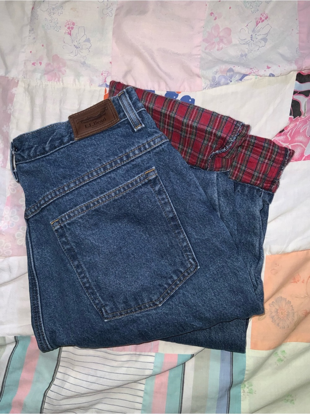VTG ll bean flannel lined jeans‎ double relaxed fit 14T red plaid vintage 90s